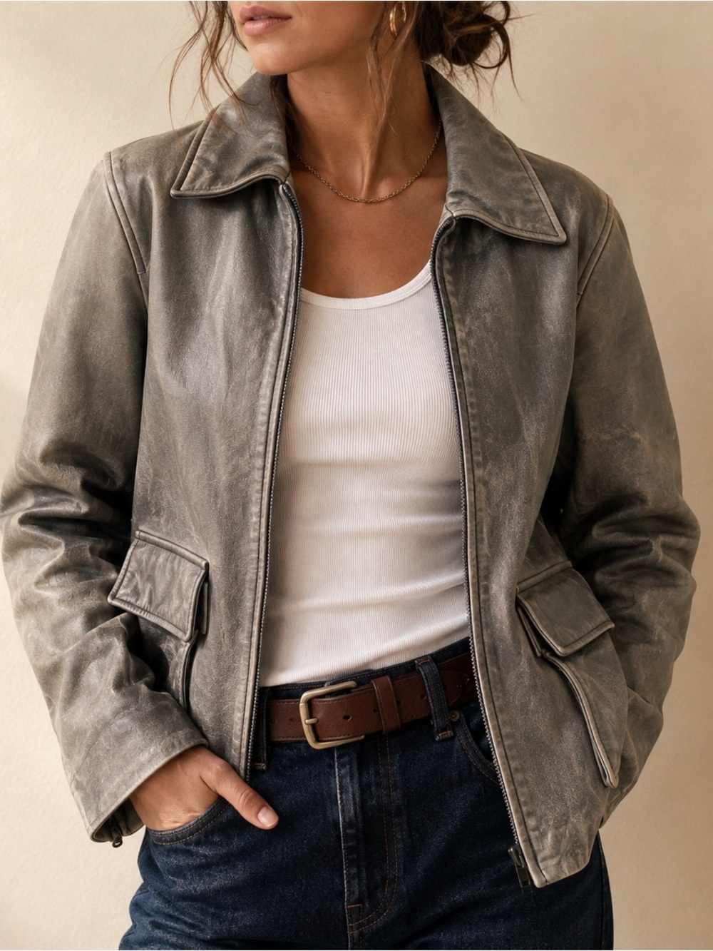 Vintage Y2K J.Crew Pewter Gray Leather Jacket Distressed Utility Cargo Small